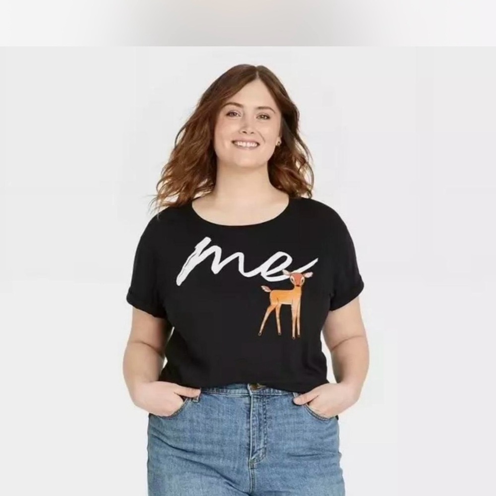 Disney Womens Short Sleeve Crewneck "Me" Bambi Graphic Tee T Shirt Black Sz XXL